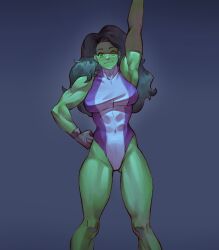 Rule 34 | 1girl, abs, absurdres, armpits, black hair, breasts, colored skin, encariah1, gloves, green hair, green skin, hand up, highres, large breasts, leotard, long hair, looking at viewer, marvel, muscular, muscular female, she-hulk, simple background, solo