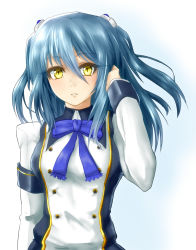 Rule 34 | 1girl, blue bow, blue bowtie, blue hair, bow, bowtie, hair between eyes, hand up, highres, jacket, long sleeves, looking at viewer, minarai tenna, original, parted lips, short hair, solo, two side up, upper body, yellow eyes