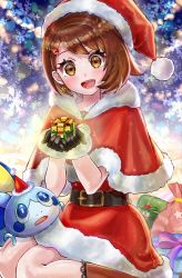 Rule 34 | 1girl, belt, blush, bob cut, box, brown eyes, brown hair, capelet, christmas, creatures (company), dress, eyelashes, fur-trimmed capelet, fur trim, game freak, gen 8 pokemon, gift, gift box, gloria (pokemon), hair ornament, hat, holding, holding gift, looking at viewer, mixed-language commentary, nintendo, open mouth, pokemon, pokemon (creature), pokemon swsh, red capelet, red dress, red headwear, santa hat, setta shu, short hair, smile, snowflakes, sobble, teeth, tongue