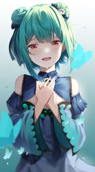 Rule 34 | 1girl, absurdres, animal print, bare shoulders, blue dress, blue sleeves, brooch, butterfly print, commentary, crying, crying with eyes open, detached collar, detached sleeves, double-parted bangs, double bun, dress, green hair, hair bun, hair ornament, hair ribbon, hands on own chest, highres, hololive, jewelry, kimae, long sleeves, looking at viewer, medium hair, red eyes, ribbon, skull hair ornament, solo, strapless, strapless dress, symbol-only commentary, tears, uruha rushia, uruha rushia (1st costume), virtual youtuber, wide sleeves