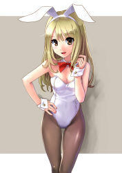 Rule 34 | 1girl, animal ears, bare shoulders, blonde hair, blush, bow, bowtie, breasts, brown eyes, cleavage, detached collar, fake animal ears, hand on own hip, katahira masashi, long hair, looking at viewer, open mouth, original, pantyhose, playboy bunny, rabbit ears, simple background, small breasts, smile, solo, wrist cuffs