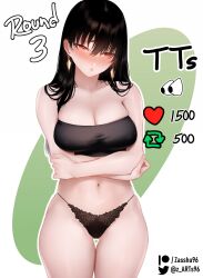 Rule 34 | 1girl, :s, alternate hairstyle, averting eyes, bare legs, bare shoulders, black hair, black panties, black sports bra, blush, breasts, bulging eyes, cleavage, closed mouth, collarbone, cowboy shot, crossed arms, crotch seam, earrings, eye pop, green background, hair down, highres, jewelry, large breasts, like and retweet, long hair, looking to the side, meme, navel, nose blush, panties, red eyes, signature, skindentation, solo, sports bra, spy x family, thigh gap, twitter logo, twitter strip game (meme), two-tone background, underwear, white background, yor briar, zasshu