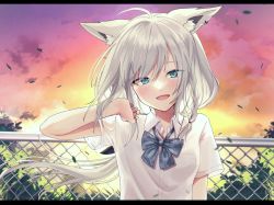 Rule 34 | 1girl, ahoge, animal ear fluff, animal ears, blue bow, blue bowtie, blush, bow, bowtie, braid, cloud, cloudy sky, commentary request, dawn, earrings, fence, floating hair, fox ears, fox girl, fujishima02, green eyes, hair between eyes, hololive, jewelry, letterboxed, long hair, looking at viewer, open mouth, outdoors, shirakami fubuki, shirt, short sleeves, sidelocks, single braid, sky, smile, solo, virtual youtuber, white hair, white shirt