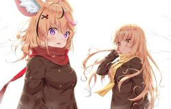 Rule 34 | 2girls, alternate costume, animal ear fluff, animal ears, black hair, blonde hair, brown coat, closed mouth, coat, dark-skinned female, dark skin, elf, floating hair, fox ears, fox girl, hair ornament, hand up, highres, hololive, long hair, long sleeves, looking at viewer, multicolored hair, multiple girls, omaru polka, open mouth, orange eyes, pink hair, pointy ears, purple eyes, red scarf, scarf, shiranui flare, simple background, smile, streaked hair, upper body, very long hair, virtual youtuber, vvthh4qok9khb8f, white background, winter clothes, x hair ornament, yellow scarf