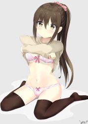 Rule 34 | 1girl, 7 calpis 7, arms up, blush, bra, breasts, brown eyes, brown hair, clothes lift, full body, gluteal fold, grey background, hair between eyes, highres, lifted by self, long hair, long sleeves, looking at viewer, medium breasts, navel, no shoes, original, panties, pink panties, ponytail, school uniform, sidelocks, signature, simple background, sitting, solo, stomach, striped bra, striped clothes, striped panties, sweater, sweater lift, tareme, thighhighs, underboob, underwear, undressing, wariza