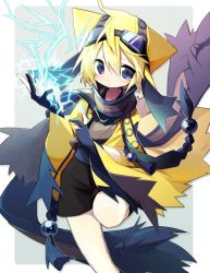 Rule 34 | ameko-107, androgynous, blonde hair, blue eyes, cape, creatures (company), electricity, galvantula, game freak, gen 5 pokemon, gender request, gloves, goggles, goggles on head, looking at viewer, nintendo, personification, pokemon, standing, standing on one leg, tassel, yellow cape