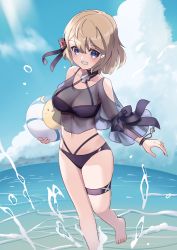 Rule 34 | 1girl, azur lane, ball, bare shoulders, barefoot, beachball, bikini, bikini under clothes, black bikini, blue eyes, blue sky, bow, breasts, brown hair, cleavage, clothing cutout, cloud, cloudy sky, collarbone, day, feet out of frame, grin, hair between eyes, hair bow, highres, holding, holding ball, horizon, long sleeves, looking at viewer, manjirou (manji illust), manjuu (azur lane), medium breasts, navel, ocean, official alternate costume, outdoors, puffy long sleeves, puffy sleeves, see-through, shoulder cutout, sky, smile, solo, splashing, standing, standing on one leg, striped, striped bow, swimsuit, water, z23 (azur lane), z23 (breezy doubles) (azur lane)