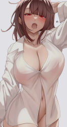 Rule 34 | 1girl, absurdres, breasts, brown hair, cleavage, collarbone, collared shirt, commentary request, grey background, highres, large breasts, long sleeves, looking at viewer, medium hair, naked shirt, navel, original, ratsuku kinoko, red eyes, see-through, see-through shirt, shirt, simple background, sleepy, solo, thighs, wavy mouth, white shirt, yawning