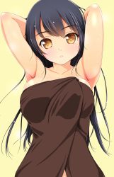 Rule 34 | 1girl, armpits, arms behind head, arms up, black hair, blush, breasts, brown eyes, collarbone, female focus, highres, large breasts, long hair, looking at viewer, matsunaga kouyou, naked towel, original, parted lips, shiny skin, solo, towel, upper body, wet, yellow background