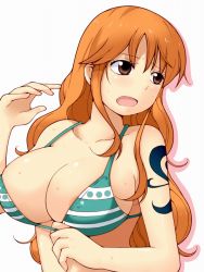 Rule 34 | 1girl, bare shoulders, bikini, bikini top only, blush, breasts, brown eyes, cleavage, female focus, large breasts, long hair, momo (fruits box), nami (one piece), one piece, orange hair, simple background, solo, swimsuit, tattoo, white background