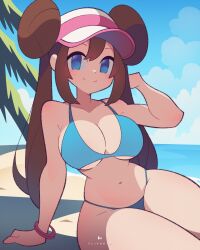 1girl arm_support artist_name beach bikini blue_bikini blue_eyes blue_sky brown_hair closed_mouth cloud collarbone cowboy_shot creatures_(company) day dot_nose double_bun eyebrows female_focus flipherrrr game_freak hair_bun hand_up hat highres leaning_forward long_hair looking_at_viewer navel nintendo ocean outdoors palm_tree pink_hat pokemon pokemon_bw2 rosa_(pokemon) sand sitting sky smile solo swimsuit thick_thighs thighs tree twintails two-tone_hat visor_cap water white_hat