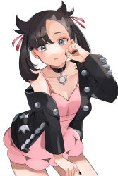 Rule 34 | 1girl, asymmetrical bangs, bad id, bad pixiv id, black hair, black jacket, black nails, blush, breasts, choker, collarbone, commentary request, contrapposto, creatures (company), dress, game freak, green eyes, hair ribbon, hand up, highres, jacket, marnie (pokemon), nail polish, nintendo, parted lips, pendant choker, pink dress, pokemon, pokemon swsh, red ribbon, ribbon, ririmon, short dress, simple background, single bare shoulder, small breasts, solo, twintails, two side up, white background