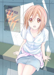 Rule 34 | :d, bench, blue skirt, brown eyes, brown hair, clothes around waist, collarbone, commentary request, dresstrip, hair between eyes, hirasawa yui, jacket, jacket around waist, k-on!, looking at viewer, open mouth, pencil skirt, pink jacket, poster (object), shirt, short hair, short sleeves, sitting, skirt, smile, tile wall, tiles, white shirt