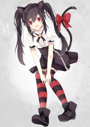 Rule 34 | 1girl, animal ears, bad id, bad pixiv id, black hair, blush, boots, bow, cat ears, cat tail, gothic lolita, hatsuko, highres, kemonomimi mode, kooh, leaning forward, lolita fashion, long hair, looking at viewer, open mouth, pangya, red eyes, solo, striped clothes, striped thighhighs, tail, tail bow, tail ornament, thighhighs, twintails