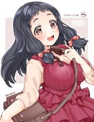 Rule 34 | 1girl, bag, black hair, blush, border, bow, breasts, brown eyes, brown ribbon, brown shirt, choko omochi, cleavage, coffee, coffee cup, collarbone, cup, dated, disposable cup, dot nose, dress, hair bow, hair ribbon, hand up, highres, holding strap, idolmaster, idolmaster cinderella girls, idolmaster cinderella girls starlight stage, large breasts, layered dress, long hair, long sleeves, looking at viewer, neck ribbon, ohnuma kurumi, open mouth, outside border, pink background, pink ribbon, red dress, ribbon, shirt, shoulder bag, sleeveless, sleeveless dress, smile, solo, twintails, twitter username, wavy mouth, white border