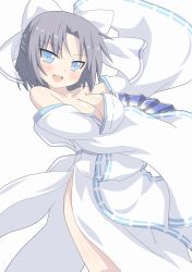 Rule 34 | 10s, 1girl, bare shoulders, blue eyes, blush, bow, breasts, cleavage, hand fan, hair bow, huge breasts, japanese clothes, kagerou (kers), large breasts, looking at viewer, no bra, no panties, off shoulder, open mouth, ribbon, senran kagura, short hair, simple background, smile, solo, white background, yumi (senran kagura)