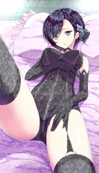 Rule 34 | 1girl, aramachi, bare shoulders, bed, black gloves, black hair, black thighhighs, blue eyes, blush, braid, breast hold, breasts, cattleya (gothic wa mahou otome), choker, cowboy shot, crotch, elbow gloves, french braid, frilled pillow, frills, garter straps, gem, gloves, gothic wa mahou otome, hair ornament, hand on own thigh, highres, indoors, katrea (gothic wa mahou otome), leg up, leotard, looking at viewer, lying, on back, on bed, parted lips, pillow, raised eyebrows, short hair, solo, thigh strap, thighhighs