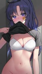 Rule 34 | 1girl, arm at side, black shirt, blue archive, blush, bra, breasts, cleavage, clothes lift, groin, halo, hand up, highres, large breasts, lethe (lethe187), lifting own clothes, long hair, looking at viewer, mouth hold, navel, parted bangs, ponytail, purple eyes, purple hair, shirt, shirt lift, short sleeves, solo, sticker on face, sweat, underwear, unfinished, upper body, white bra, yuuka (blue archive), yuuka (track) (blue archive)