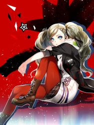Rule 34 | 10s, 1girl, blonde hair, blue eyes, boots, eu (euspia), hair ornament, hairclip, highres, pantyhose, persona, persona 5, plaid, plaid skirt, pleated skirt, red background, red pantyhose, shadow, skirt, solo, star (symbol), takamaki anne, twintails