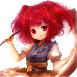 Rule 34 | 1girl, amano jack, bad id, bad pixiv id, belt, coin, female focus, hair bobbles, hair ornament, highres, looking at viewer, obi, onozuka komachi, over shoulder, puffy sleeves, red eyes, red hair, sash, scythe, shirt, short sleeves, skirt, smile, solo, touhou, twintails, two side up