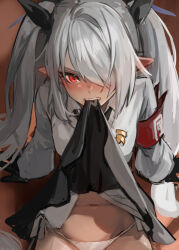 Rule 34 | 1girl, black gloves, black skirt, blue archive, blush, clothes lift, gloves, grey hair, hair between eyes, hair over one eye, iori (blue archive), ito uuu, long hair, long sleeves, looking at viewer, navel, panties, pointy ears, red eyes, shadow, shirt, sitting, skirt, skirt lift, solo, stomach, teeth, twintails, underwear, v-shaped eyebrows, white panties, white shirt