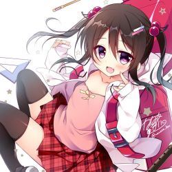 Rule 34 | 1girl, backpack, bag, black footwear, black thighhighs, brown hair, camisole, hair bobbles, hair ornament, hood, jacket, knees up, long hair, looking at viewer, nanaca box, open mouth, original, pink camisole, pink eyes, pink jacket, plaid, plaid skirt, randoseru, red skirt, shoes, sitting, skirt, smile, solo, thighhighs, thighs, twintails, zettai ryouiki