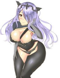 Rule 34 | 1girl, black panties, blush, breasts, camilla (fire emblem), cleavage, elbow gloves, fire emblem, fire emblem fates, gloves, hair over one eye, highres, large breasts, long hair, looking at viewer, nintendo, noeomi, panties, purple hair, red eyes, simple background, solo, underwear
