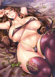 Rule 34 | 1girl, arms up, beads, bed sheet, bikini, blush, breasts, brown eyes, brown hair, bursting breasts, collarbone, copyright name, curvy, dragon&#039;s crown, hair beads, hair ornament, halterneck, hand to forehead, hat, highres, huge breasts, linea alba, lizard, long hair, lying, micro bikini, momofuki rio, navel, on back, parted lips, purple thighhighs, shiny skin, skindentation, slingshot swimsuit, solo, sorceress (dragon&#039;s crown), swept bangs, swimsuit, thick thighs, thighhighs, thighs, vanillaware, very long hair, witch, witch hat