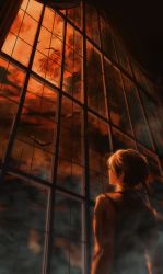 Rule 34 | 1boy, absurdres, bird, chinese commentary, cloud, cloudy sky, commentary request, fog, from behind, heibaiya, highres, indoors, jacket, klein moretti, looking up, lord of the mysteries, short hair, sky, solo, sunset, window
