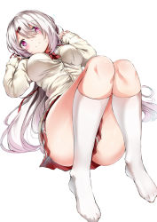 Rule 34 | 1girl, ass, blush, bow, bowtie, breasts, cardigan, closed mouth, clothes between thighs, full body, hair between eyes, hair ornament, hair over one eye, hairclip, hands up, highres, kneehighs, large breasts, long hair, looking at viewer, low ponytail, lying, nijisanji, on back, open mouth, purple eyes, red bow, red bowtie, shiina yuika, shiina yuika (1st costume), sidelocks, simple background, skirt, sleeves past wrists, socks, solo, thighs, very long hair, virtual youtuber, white background, white hair, white socks, yukishiro arte