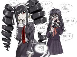 Rule 34 | 2girls, absurdres, asymmetrical bangs, black hair, black jacket, black nails, black skirt, blouse, blue eyes, blunt bangs, braid, bullying, celestia ludenberg, clenched teeth, collared shirt, cowboy shot, danganronpa: trigger happy havoc, danganronpa (series), drill hair, earrings, english text, fukawa toko, glasses, gold earrings, goth fashion, gothic lolita, hand in own hair, highres, holding, holding own hair, jacket, jewelry, lace, lace-trimmed skirt, lace trim, layered skirt, lolita fashion, long skirt, long sleeves, looking at another, low twin braids, maid headdress, multiple girls, nail polish, neck ribbon, neckerchief, necktie, nervous, nervous sweating, pleated skirt, purple shirt, purple skirt, red eyes, red neckerchief, red necktie, ribbon, ribbon-trimmed sleeves, ribbon trim, ring, round eyewear, sailor, sailor collar, school uniform, serafuku, shirt, sidelocks, sideways glance, simple background, skirt, smile, sphere earrings, sweat, swept bangs, teeth, thought bubble, twin braids, twin drills, twintails, white background, white shirt, woogleboy