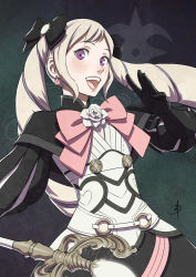 Rule 34 | 1girl, black dress, blonde hair, bow, dress, drill hair, earrings, elise (fire emblem), fire emblem, fire emblem fates, hair bow, jewelry, looking at viewer, nintendo, open mouth, polarityplus, purple eyes, smile, solo, staff, twin drills, twintails, upper body