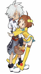Rule 34 | 1boy, 1girl, basket, blue eyes, boots, brown eyes, brown hair, gloves, norma beatty, senel coolidge, skirt, smile, soto, tales of (series), tales of legendia, thigh boots, thighhighs, white background, white hair, yellow skirt, yellow thighhighs