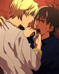Rule 34 | 2boys, anger vein, azuazuazu19, blonde hair, bracelet, brown eyes, brown hair, collar grab, fate/zero, fate (series), gilgamesh (fate), jewelry, kotomine kirei, male focus, multiple boys, necklace, official alternate costume, pulling mouth, red eyes, saliva