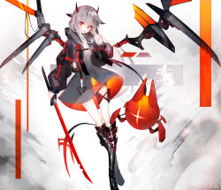 Rule 34 | 1girl, animal ears, black footwear, black jacket, blush, boots, commentary request, crossed legs, dress, fang, grey dress, grey hair, hair between eyes, hand up, highres, holding, holding sword, holding weapon, horns, jacket, juexing (moemoe3345), katana, knee boots, long hair, long sleeves, looking at viewer, multicolored hair, open clothes, open jacket, open mouth, original, pointy ears, puffy long sleeves, puffy sleeves, red eyes, red hair, robot, sleeves past wrists, solo, streaked hair, sword, weapon