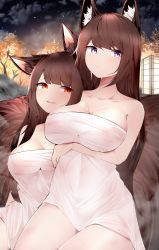 Rule 34 | 2girls, absurdres, akagi (azur lane), amagi (azur lane), animal ear fluff, animal ears, autumn, azur lane, breasts, brown hair, brown tail, cleavage, commentary, dated commentary, fox ears, fox tail, head on chest, highres, huge filesize, kitsune, lantern, large breasts, long hair, multiple girls, multiple tails, naked towel, outdoors, paper lantern, purple eyes, red eyes, samip, steam, symbol-only commentary, tail, thighs, towel, tree, white towel, yuri