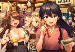 Rule 34 | 6+girls, :d, :o, adapted costume, ahoge, alcohol, alternate costume, anger vein, ascot, ashigara (kancolle), ass, bare shoulders, beer, black hair, black serafuku, blonde hair, blouse, blue eyes, blue hair, blunt bangs, blush, braid, breasts, brown eyes, brown hair, butt crack, chopsticks, cleavage, closed eyes, closed mouth, collarbone, cup, detached sleeves, double bun, dress, dress shirt, drunk, earrings, enemy lifebuoy (kancolle), fish, flower, food, french braid, fubuki (kancolle), giving, gloves, green eyes, grey hair, grin, hair between eyes, hair bun, hair flaps, hair ornament, hair over shoulder, hair ribbon, hairband, hakama, hakama skirt, hat, hatsukaze (kancolle), headgear, highres, holding, holding chopsticks, holding cup, holding tray, houshou (kancolle), ichikawa feesu, indoors, japanese clothes, jewelry, jun&#039;you (kancolle), kantai collection, kasumi (kancolle), kimono, kongou (kancolle), large breasts, long hair, long sleeves, looking at viewer, low ponytail, maestrale (kancolle), magatama, michishio (kancolle), military, military uniform, mini hat, mouth hold, multiple girls, myoukou (kancolle), myoukou pose, nachi (kancolle), nelson (kancolle), nontraditional miko, nude, one side up, onmyouji, open mouth, pinafore dress, plate, pola (kancolle), ponytail, pouring, purple eyes, purple hair, red ascot, red flower, red rose, remodel (kantai collection), ribbon, rose, sailor collar, sailor dress, saury, school uniform, serafuku, shigure (kancolle), shirt, short hair, short ponytail, side ponytail, sidelocks, single braid, skirt, sleeve cuffs, sleeveless, sleeveless dress, smile, smokestack, spiked hair, tan, tasuki, tray, twintails, uniform, v, vest, wavy hair, white dress, yellow eyes, zara (kancolle)