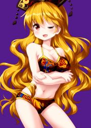 Rule 34 | 1girl, ;d, adapted costume, bare arms, bare shoulders, bikini, blonde hair, blush, breast hold, breasts, cleavage, collarbone, commentary request, cowboy shot, crossed arms, hair between eyes, headdress, highres, junko (touhou), large breasts, long hair, looking at viewer, navel, one eye closed, open mouth, purple background, red bikini, red eyes, ruu (tksymkw), simple background, smile, solo, standing, stomach, swimsuit, tassel, thighs, touhou, very long hair