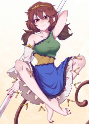Rule 34 | 1girl, barefoot, benizuwai, breasts, brown eyes, brown hair, circlet, collarbone, detached sleeves, dress, highres, looking at viewer, low twintails, medium breasts, medium hair, monkey tail, multicolored clothes, multicolored dress, nail polish, red nails, ruyi jingu bang, single-shoulder dress, single detached sleeve, single strap, sleeveless, sleeveless dress, smile, solo, son biten, staff, tail, taut clothes, taut dress, touhou, twintails, yellow background