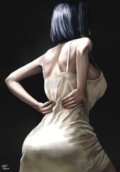 Rule 34 | 1girl, alternate costume, ass, back, back muscles, black background, black hair, blue hair, breasts, contrapposto, cropped legs, dated, foreshortening, hands on own back, highres, holocouncil, hololive, hololive english, large breasts, nightgown, ouro kronii, sideboob, signature, steb, virtual youtuber, white nightgown