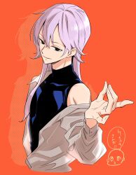 1boy androgynous bishounen black_eyes bodysuit bodysuit_under_clothes borrowed_character cropped_torso drop_shadow fox_shadow_puppet half-closed_eyes halftone highres long_hair male_focus orange_background original parted_lips purple_hair single_bare_shoulder sleeveless sleeveless_bodysuit smile solo tekitouna webp-to-png_conversion