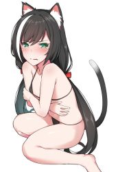 Rule 34 | 1girl, alternate costume, animal ear fluff, animal ears, arms under breasts, bare arms, bare shoulders, bikini, black bikini, black hair, blush, breasts, cat ears, cat girl, cat tail, collarbone, commentary request, fang, from side, green eyes, hair ribbon, hand on own arm, hand on own stomach, itose ikuto, karyl (princess connect!), kneeling, long hair, looking at viewer, low twintails, multicolored hair, parted lips, princess connect!, red ribbon, ribbon, simple background, sitting, skin fang, small breasts, solo, streaked hair, swimsuit, tail, tearing up, twintails, wariza, wavy mouth, white background, white hair