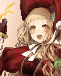 Rule 34 | 1girl, apple, black gloves, blonde hair, blunt bangs, blush, bonnet, bow, dagger, dress, eyes visible through hair, fire, flower, food, fruit, gloves, hair ribbon, highres, holding, holding dagger, holding food, holding fruit, holding knife, holding weapon, juliet sleeves, knife, long hair, long sleeves, looking at viewer, neck ribbon, open mouth, pink background, puffy sleeves, red bow, red dress, red flower, red headwear, red ribbon, red riding hood (sinoalice), red rose, ribbon, rose, sidelocks, simple background, sinoalice, solo, teeth, teroru, upper body, upper teeth only, victorian, wavy hair, weapon, white flower, white ribbon, white rose, yellow eyes