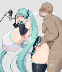 Rule 34 | 1boy, 1girl, absurdres, age difference, ahegao, bald, breasts, clothed female nude male, clothed sex, fat, fat man, grabbing, grabbing another&#039;s ass, grabbing from behind, green eyes, green hair, hatsune miku, highres, huge breasts, long hair, nude, old, old man, older man and younger girl, one eye closed, open mouth, saliva, saliva trail, tongue, tongue out, twintails, vocaloid