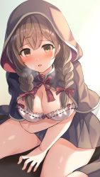 Rule 34 | 1girl, blush, boots, bra, braid, breasts, breath, brown eyes, brown footwear, brown hair, brown skirt, capelet, cleavage, hair ribbon, highres, hood, hood up, hooded capelet, kantai collection, knee boots, large breasts, long hair, open mouth, ribbon, senbei (senbe i), shinshuu maru (kancolle), short sleeves, simple background, sitting, skirt, solo, sweat, twin braids, underwear, white bra