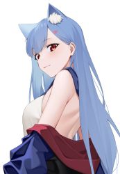 Rule 34 | 1girl, animal ear fluff, animal ears, back, bare shoulders, blue hair, breasts, cat ears, closed mouth, commentary, fang, fang out, from side, hair ornament, heart, heart hair ornament, highres, hood, hood down, hooded jacket, jacket, kuen (kuennn12), long hair, looking at viewer, medium breasts, off shoulder, plivyou, red eyes, shikai yue, simple background, skin fang, solo, symbol-only commentary, upper body, virtual youtuber, white background