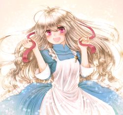 Rule 34 | 1girl, :d, antenna hair, apron, blonde hair, blue dress, blush, breasts, cowboy shot, dress, eyelashes, facing viewer, floating hair, frilled apron, frills, gradient background, hair between eyes, jewelry, jupiponi, kagerou project, key, key necklace, kozakura marry, long hair, necklace, open mouth, pink eyes, puffy short sleeves, puffy sleeves, short sleeves, small breasts, smile, solo, sparkle, teeth, very long hair, wavy hair, white apron