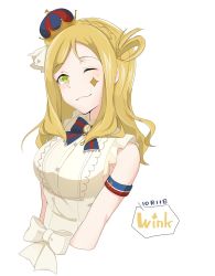 Rule 34 | 1girl, ;3, armband, bare shoulders, blonde hair, bow, bowtie, braid, cropped arms, cropped torso, crown, crown braid, english text, facial mark, green eyes, hair rings, highres, komiyam a, long hair, love live!, love live! school idol festival, love live! school idol project, love live! sunshine!!, ohara mari, one eye closed, simple background, solo, striped bow, striped bowtie, striped clothes, white background