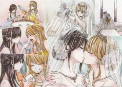 Rule 34 | 2girls, aihara mei, aihara yuzu, bare shoulders, black hair, blonde hair, bouquet, bridal veil, cake, citrus (saburouta), couple, dress, earrings, closed eyes, family, feeding, female focus, flower, food, green eyes, hair between eyes, holding hands, happy, highres, holding, holding bouquet, jewelry, kiss, long hair, looking at another, looking to the side, multiple girls, necklace, open mouth, petals, purple eyes, ring, sister, smile, step-siblings, step sister, stepsisters, veil, wedding, wedding dress, white dress, wife and wife, yuri