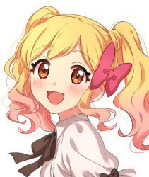 Rule 34 | 1girl, :d, aikatsu!, aikatsu! (series), blonde hair, blush, bow, bowtie, brown bow, brown bowtie, from side, gradient hair, highres, looking at viewer, medium hair, multicolored hair, nijino yume, open mouth, pink hair, puffy short sleeves, puffy sleeves, red bow, sekina, shirt, short sleeves, simple background, smile, solo, twintails, white background, white shirt